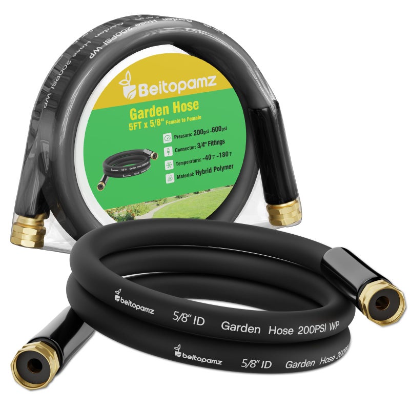 Beitopamz Short Garden Hose 5 ft x 5/8" Female to Female, Heavy Duty Small Water Hose Extender Connector, Leak-Free Connections Hybrid Rubber Leader Hose with 3/4" Double GHT Fittings, Black - Image 1