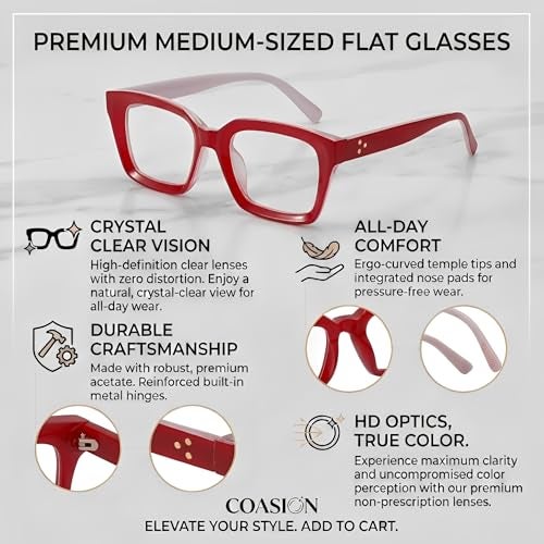 COASION Classic Non-prescription Clear Lens Eyeglasses for Women Thick Square Frame Eyewear (Red) - Image 3