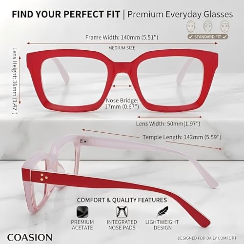 COASION Classic Non-prescription Clear Lens Eyeglasses for Women Thick Square Frame Eyewear (Red) - Image 5
