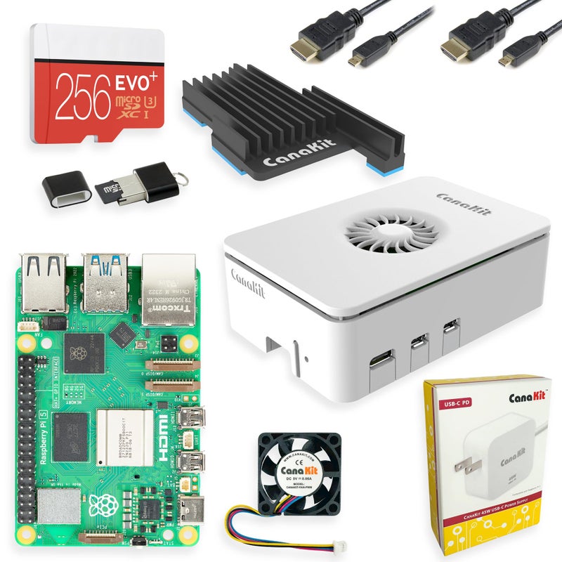 مجموعة البداية CanaKit Raspberry Pi 5 MAX توربين أبيض إصدار 256 جيجابايت 8 جيجابايت RAM