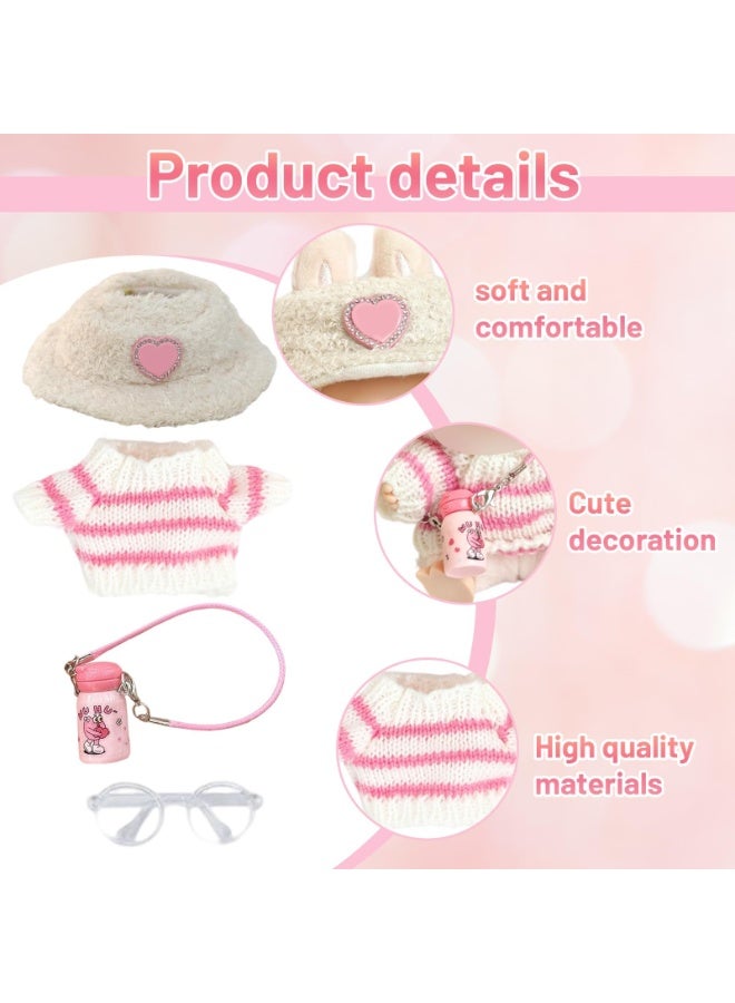 Doll Clothes and Accessories for 17 cm Plush Dolls, 5 PCS Cute Casual Stylish Doll Outfit, Include Pink Sweater, Sun Hat, Bottle Bag, Glasses, Shoes, Perfect for Boys and Girls Birthday Gifts - Image 4