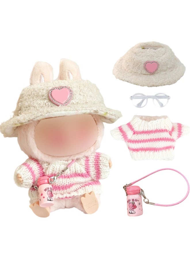 Doll Clothes and Accessories for 17 cm Plush Dolls, 5 PCS Cute Casual Stylish Doll Outfit, Include Pink Sweater, Sun Hat, Bottle Bag, Glasses, Shoes, Perfect for Boys and Girls Birthday Gifts - Image 1