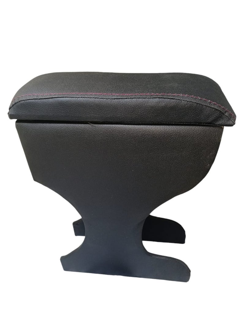 Car armrest unit with leather and plastic storage box with armrest pad, Renault Duster Black with red stitching - Image 1