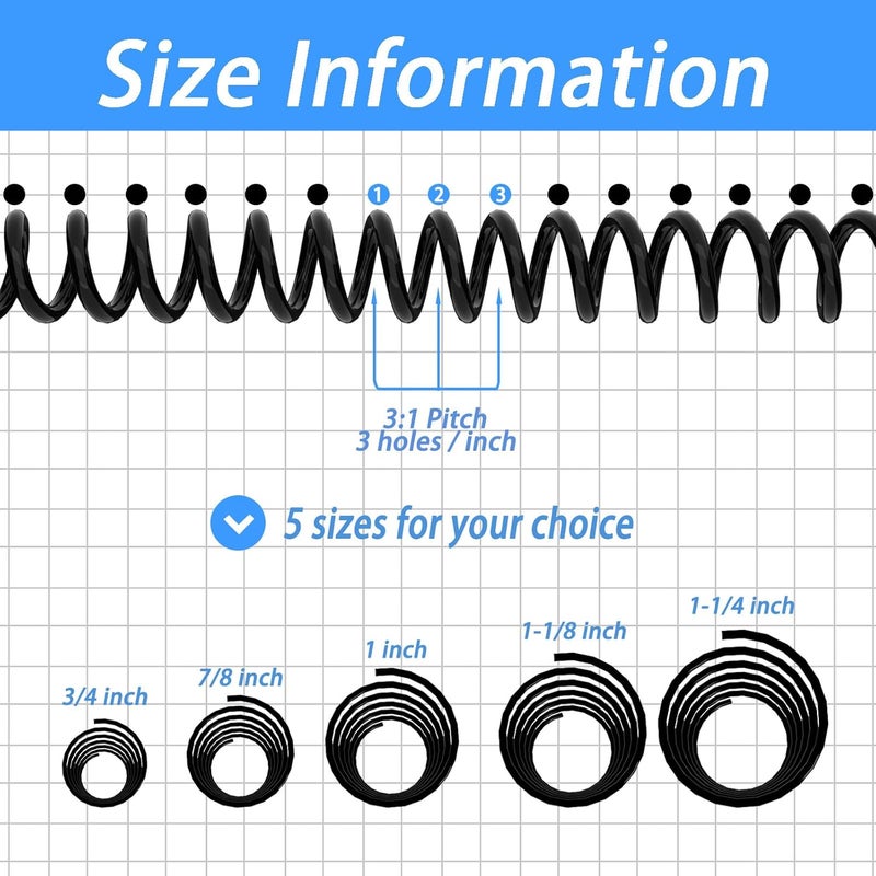 RAYSON 22.2mm Plastic Spiral Coil Binding 3:1 Pitch, 7/8 inch, 190 Sheets Capacity Black Coil Binding Spines - Versatile for Office and Educational Tasks, Pack of 50 - Image 4