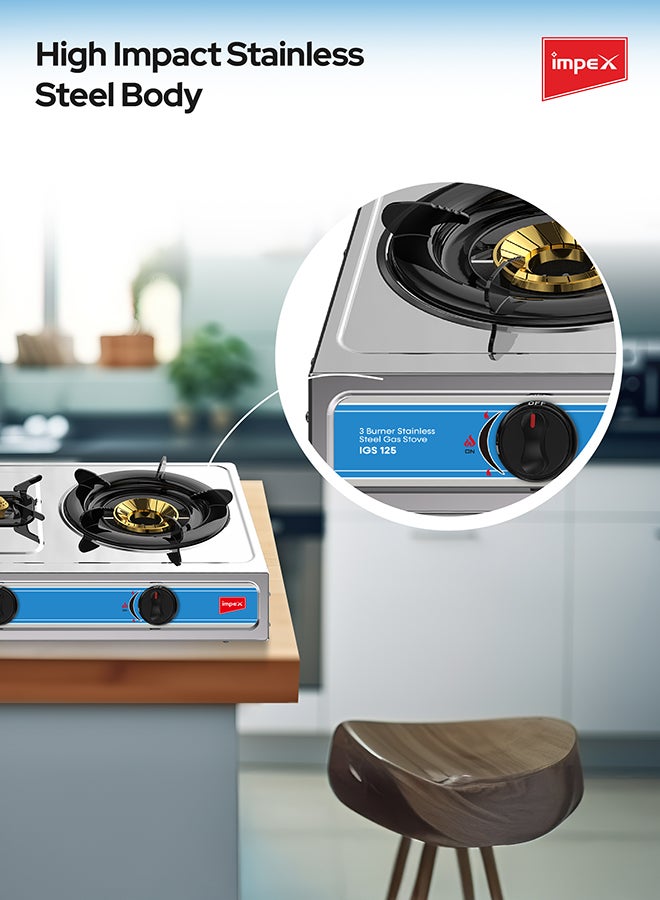 Impex 3-Burner Stainless Steel Gas Stove IGS 125 Silver - Image 2