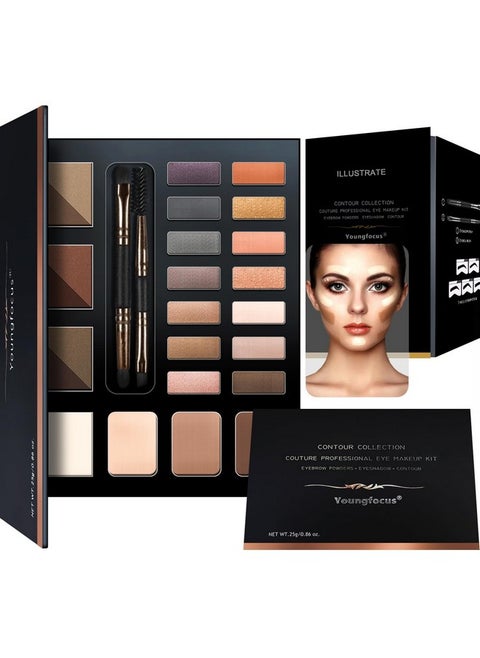 Youngfocus 14 Highly Pigmented Eyeshadows Blendable Natural Look Shimmer and Matte Eyeshadow Palette, 6 Natural Waterproof Eyebrow Powders, 3 Contour Powders, Lasting Multi-Finish Cosmetics Gift Kit
