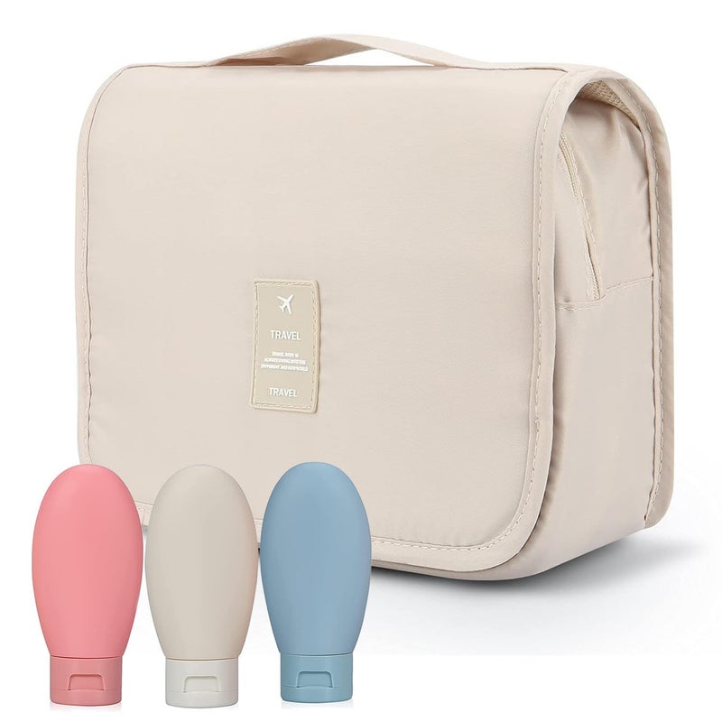 Storescent Girls Hanging CarryOn Case Cosmetic Bag for Vacation Trips and Gym Beige with Set of 3 Refillable Food Grade Travel Bottles - Image 1