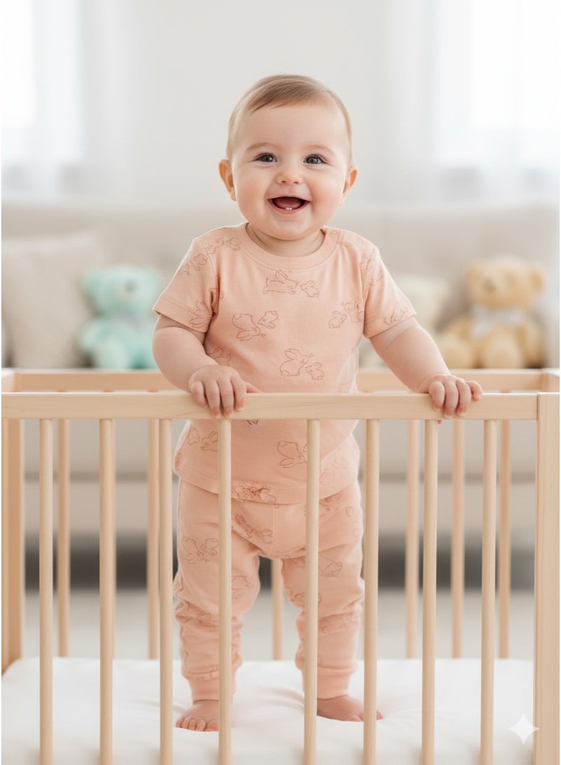 Little Bee Kids Baby Lounge Set/Pyjama Set (2 Pair)- Cotton Rich Short Sleeve Top & Pants, Soft Knit, Rabbit Print, Star Print, Medium, Weight - For 6-12Months - Image 1
