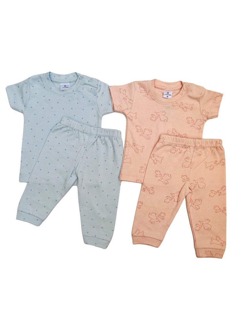 Little Bee Kids Baby Lounge Set/Pyjama Set (2 Pair)- Cotton Rich Short Sleeve Top & Pants, Soft Knit, Rabbit Print, Star Print, Medium, Weight - For 6-12Months - Image 3