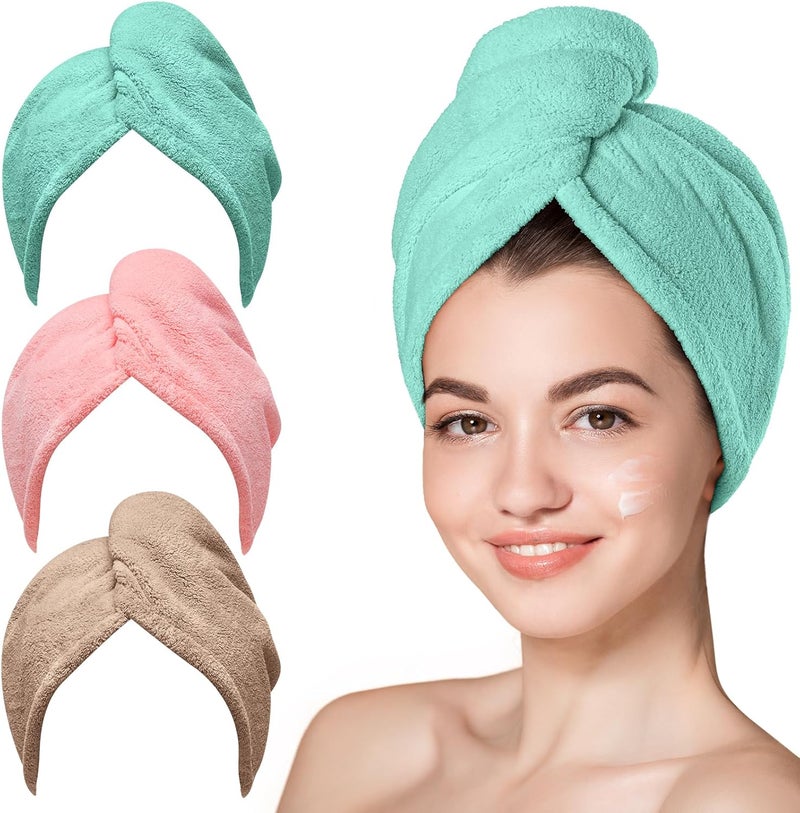 Hicober Microfiber Hair Towel, Hair Towel Wrap Turbans for Women,Hair Drying Towel Wrap Hair Accessories for Women Girls-Pink,Green,Coffee,3Packs, 24.8 * 9.44 * 3.14inch - Image 1