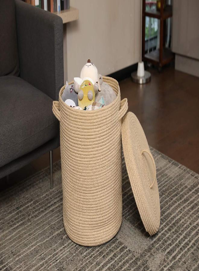 16" x 16" x 18" Extra Large Storage Basket with Lid, Cotton Rope Storage Baskets, Laundry Hamper, Cloth Bin, for Clothes Towels Blankets Pillows Storage in Living Room, Full Beige with Cover
