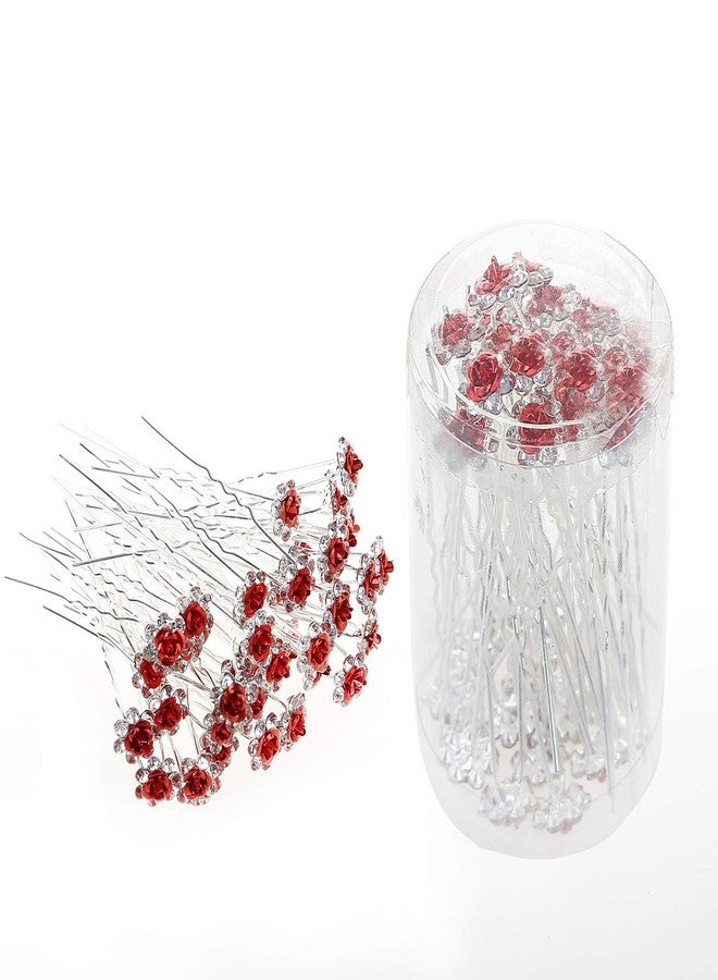 BETITETO 40 Pcs U-Shaped Flower Rhinestone Hair Pins Crystal Hair Accessories for Bridal Wedding Party Girls' Sweet Sixteen (Red) - Image 5