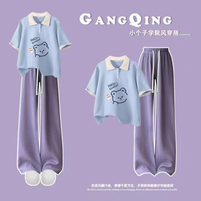 Girls Summer Fashion Set 2024 Korean Polo Top  Silk Pants Blue Polo Bear Purple Pants