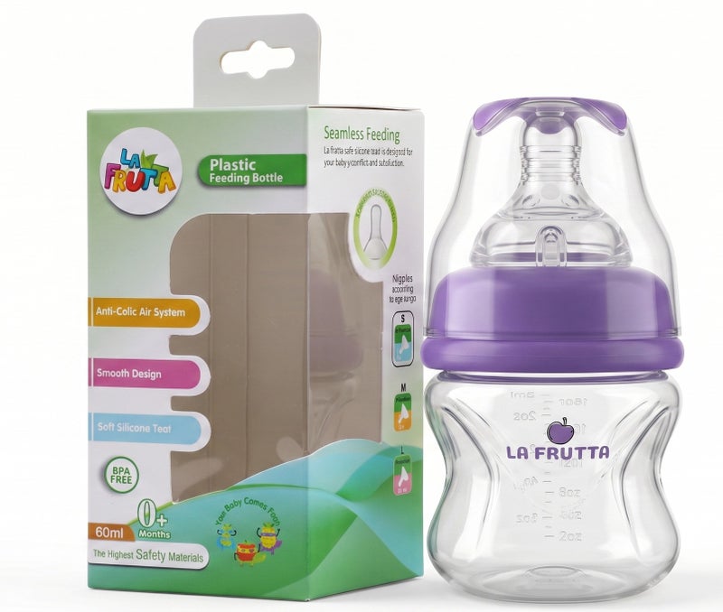 La Frutta La Fruta Comfort Plastic Bottle, Anti-Colic Air System for 0+ Months, 60ml Capacity, with Soft Silicone Teat, BPA-Free - Purple - Image 3