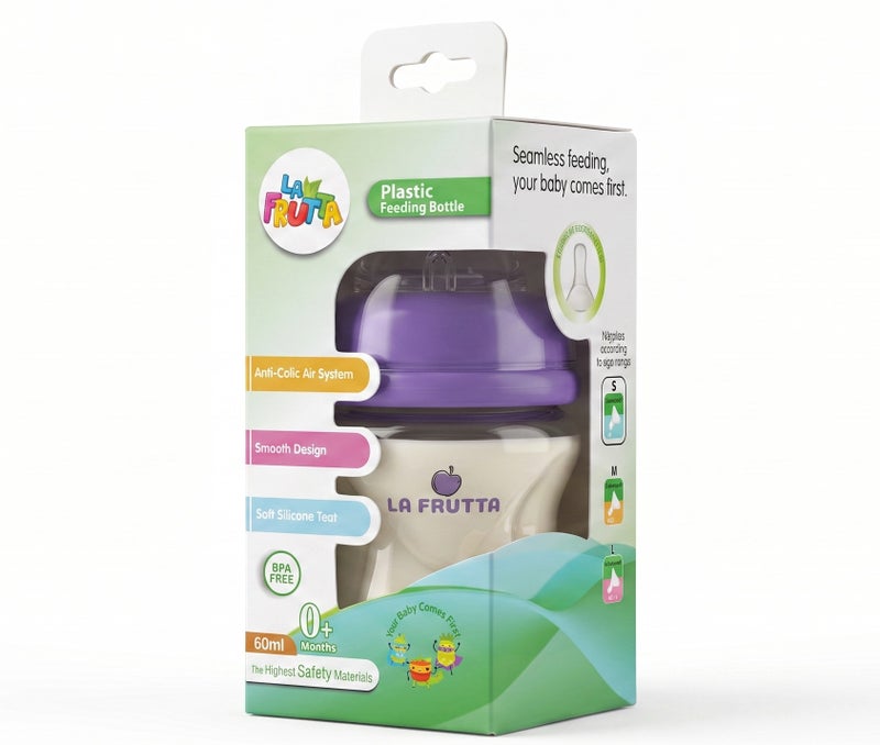 La Frutta La Fruta Comfort Plastic Bottle, Anti-Colic Air System for 0+ Months, 60ml Capacity, with Soft Silicone Teat, BPA-Free - Purple - Image 4