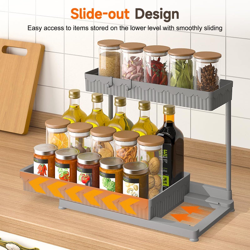 Sevenblue 3 Pack Multi-Purpose Under Sink Organizers and Storage, 2026 L-Shaped Pull Out Cabinet Organizer for Bathroom & Kitchen, Under Cabinet Organizer with Hooks Hanging Cup (Grey, 12.85 inch) - Image 3
