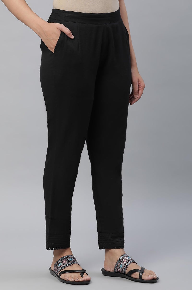 Aurelia Black Solid Cotton Blend Regular Trousers for Women - Image 3