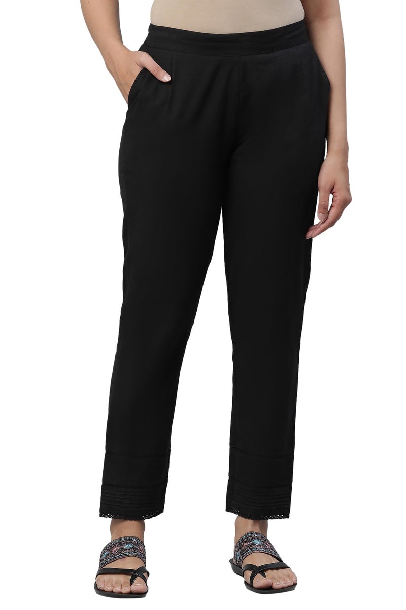 Aurelia Black Solid Cotton Blend Regular Trousers for Women - Image 1