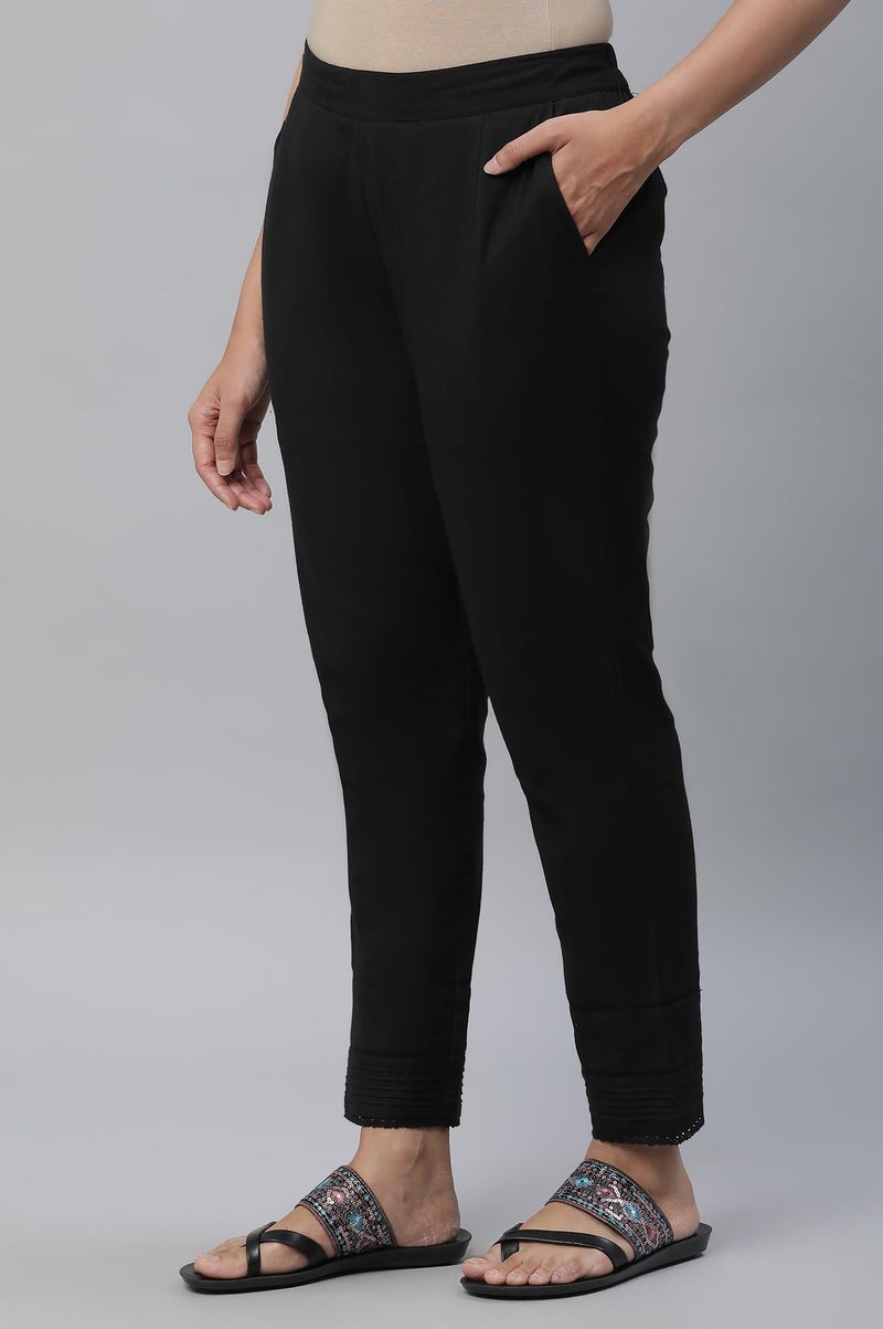 Aurelia Black Solid Cotton Blend Regular Trousers for Women - Image 2