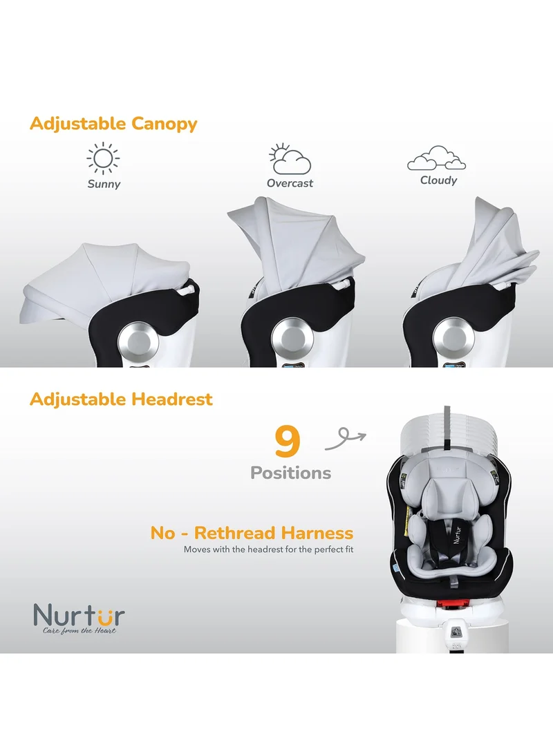 نورتر Liberty Baby/Kids 4-in-1 Car Seat - 360° Rotation – Leg Support - ISOFIX – 10-level Adjustable Headrest with Canopy - 0 months to 12 years (Group 0+/1/2/3), Upto 36kg - White / Black