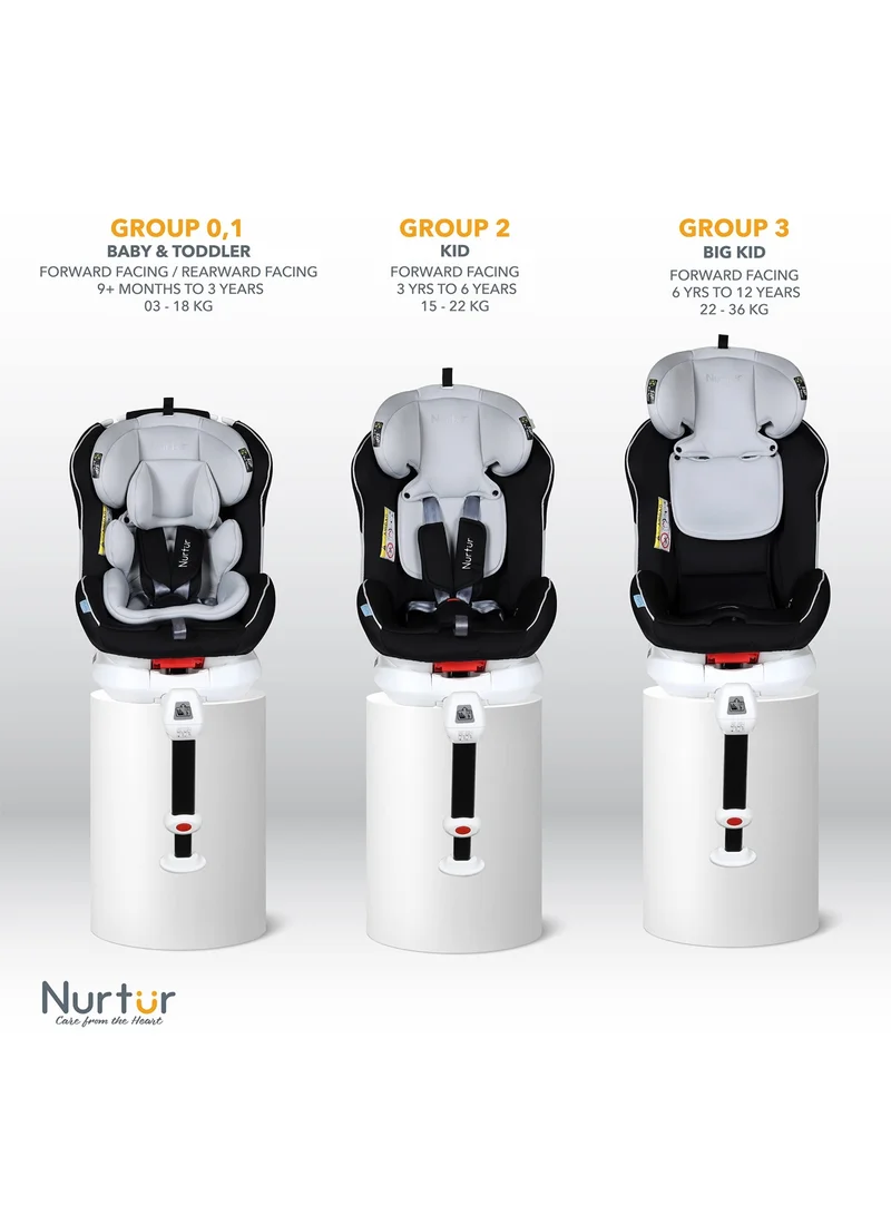 نورتر Liberty Baby/Kids 4-in-1 Car Seat - 360° Rotation – Leg Support - ISOFIX – 10-level Adjustable Headrest with Canopy - 0 months to 12 years (Group 0+/1/2/3), Upto 36kg - White / Black