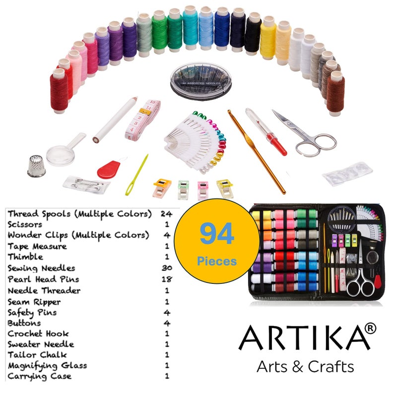 ARTIKA طقم خياطة ARTIKA للبالغين والأطفال (94 قطعة) - مجموعة صغيرة للمبتدئين مع خيوط متعددة الألوان، إبر، مقص، إصبع خياطة ومشابك - طقم إصلاح طارئ وسفر - ملحقات وأدوات الخياطة - Image 2