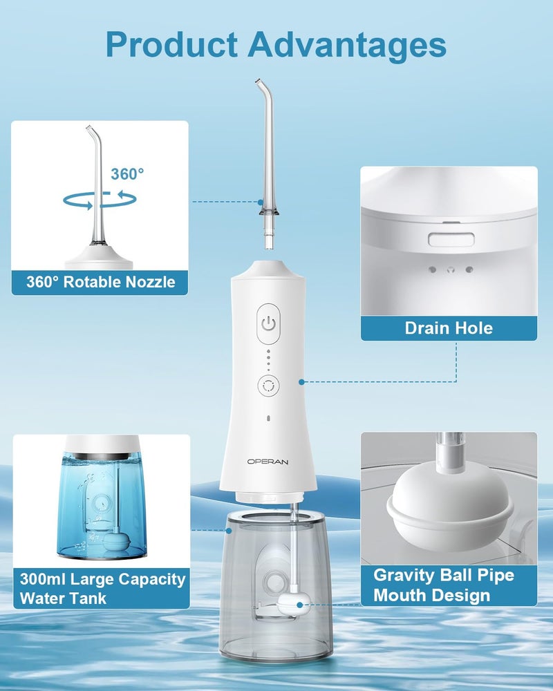 Operan Water Flosser for Teeth Cleaning Upgraded 300ml Cordless Water Dental Flossers Rechargeable Oral Irrigator with 4 Modes 4 Jet Tips IPX7 Waterproof Water Floss for Home Travel (White)+1Pack - Image 3