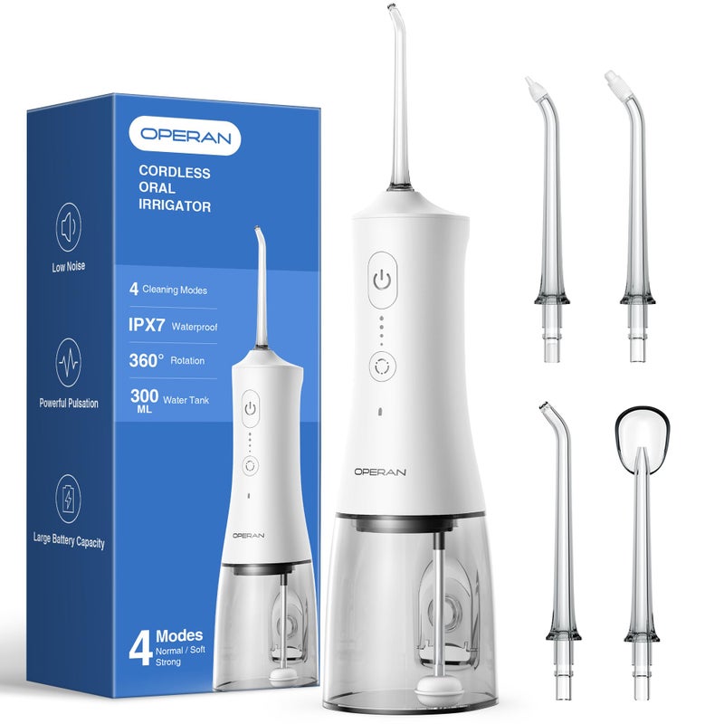 Operan Water Flosser for Teeth Cleaning Upgraded 300ml Cordless Water Dental Flossers Rechargeable Oral Irrigator with 4 Modes 4 Jet Tips IPX7 Waterproof Water Floss for Home Travel (White)+1Pack - Image 1