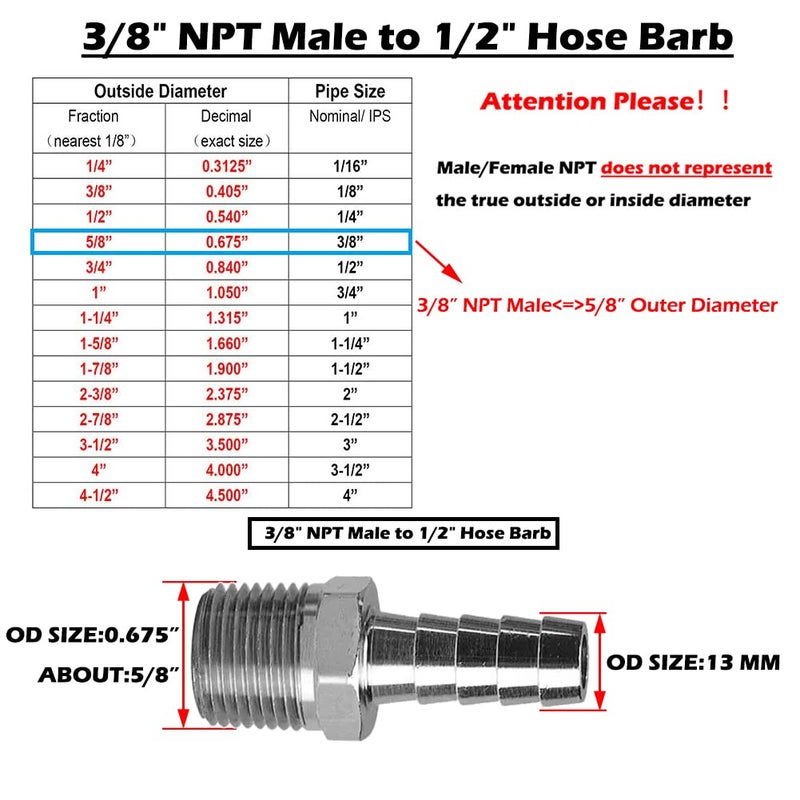 Beduan الفولاذ المقاوم للصدأ 1/2 بوصة خرطوم بارب إلى 3/8 بوصة ذكر Npt Home Brew المناسب للمياه والهواء (عبوة من 2) - Image 2