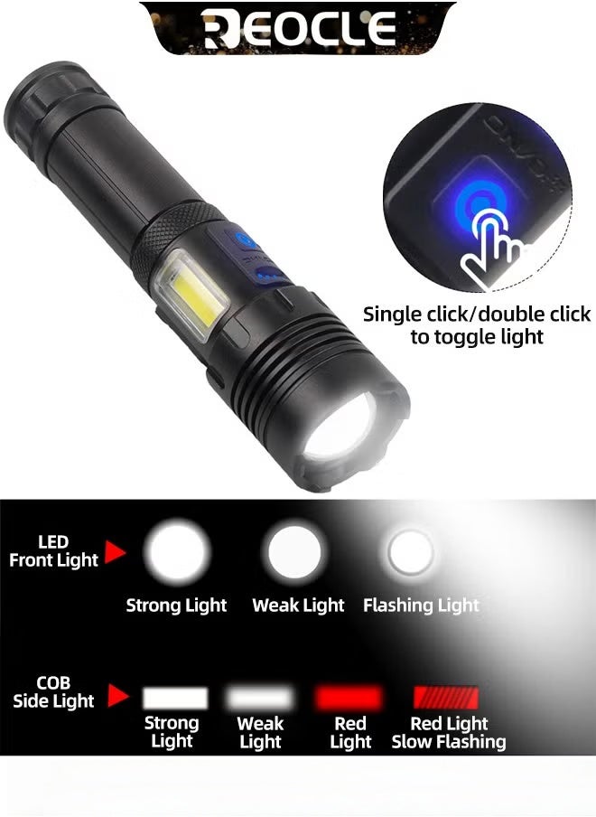 REOCLE Rechargeable Flashlights High Lumens LED Flashlights XHP90 Super Bright Torch with Waterproof & 5 Adjustable Light Modes & USB Charging & Long Battery Life for Home Camping Outdoor Use  - Image 3