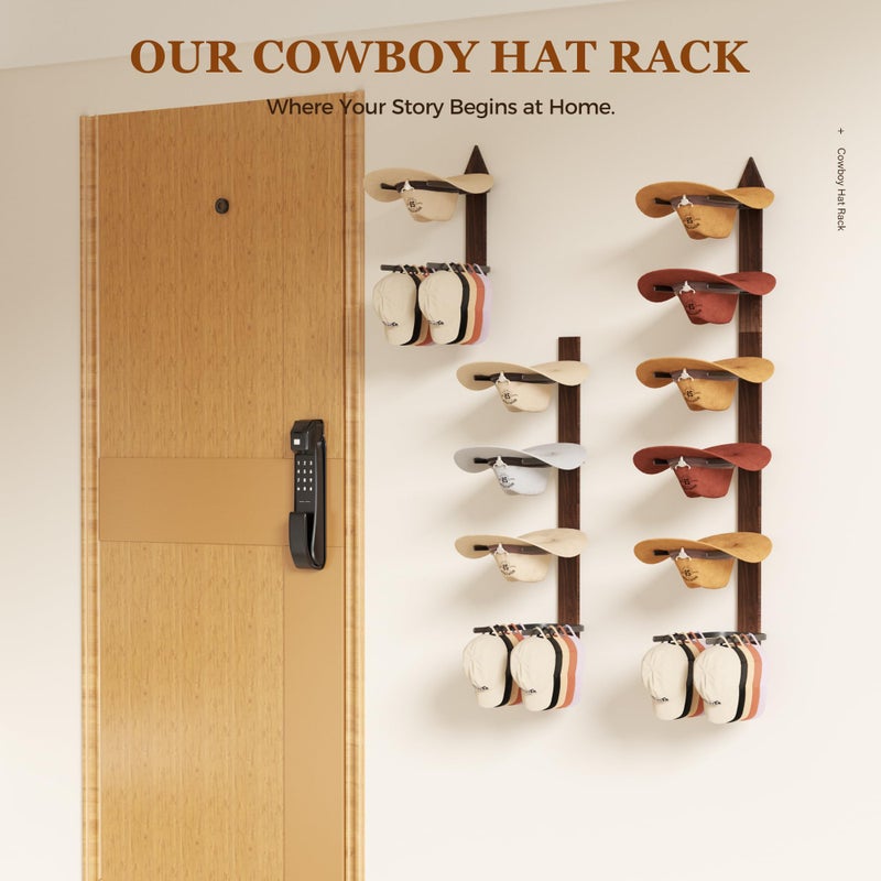 Orapoke Cowboy Hat Rack for Wall, Cowboy Hat Holder Wall Mount Holds up to 6 Hats, Wooden Western Rustic Metal Hat-Organizer with Arrow Sign Board, Display and Decor Rack for Fedora, Sun Hats,Baseball Caps - Image 4