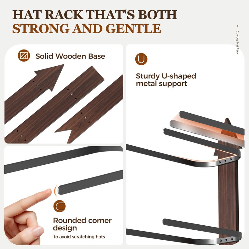 Orapoke Cowboy Hat Rack for Wall, Cowboy Hat Holder Wall Mount Holds up to 6 Hats, Wooden Western Rustic Metal Hat-Organizer with Arrow Sign Board, Display and Decor Rack for Fedora, Sun Hats,Baseball Caps - Image 5