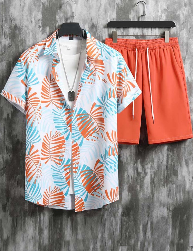 Yimoon Men's Summer 2 Piece Outfits Tropical Print Short Sleeve Button Down Hawaiian Beach Shirt and Shorts Set(Orange-L) - Image 3
