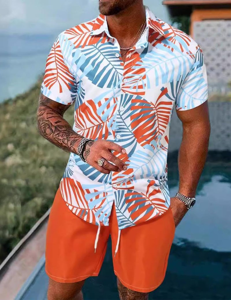 Yimoon Men's Summer 2 Piece Outfits Tropical Print Short Sleeve Button Down Hawaiian Beach Shirt and Shorts Set(Orange-L) - Image 2