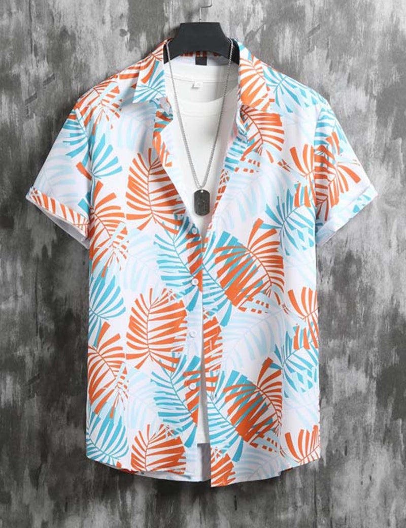 Yimoon Men's Summer 2 Piece Outfits Tropical Print Short Sleeve Button Down Hawaiian Beach Shirt and Shorts Set(Orange-L) - Image 4