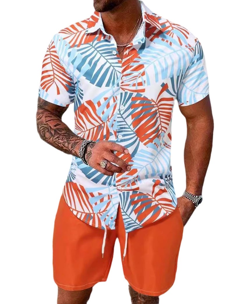 Yimoon Men's Summer 2 Piece Outfits Tropical Print Short Sleeve Button Down Hawaiian Beach Shirt and Shorts Set(Orange-L) - Image 1