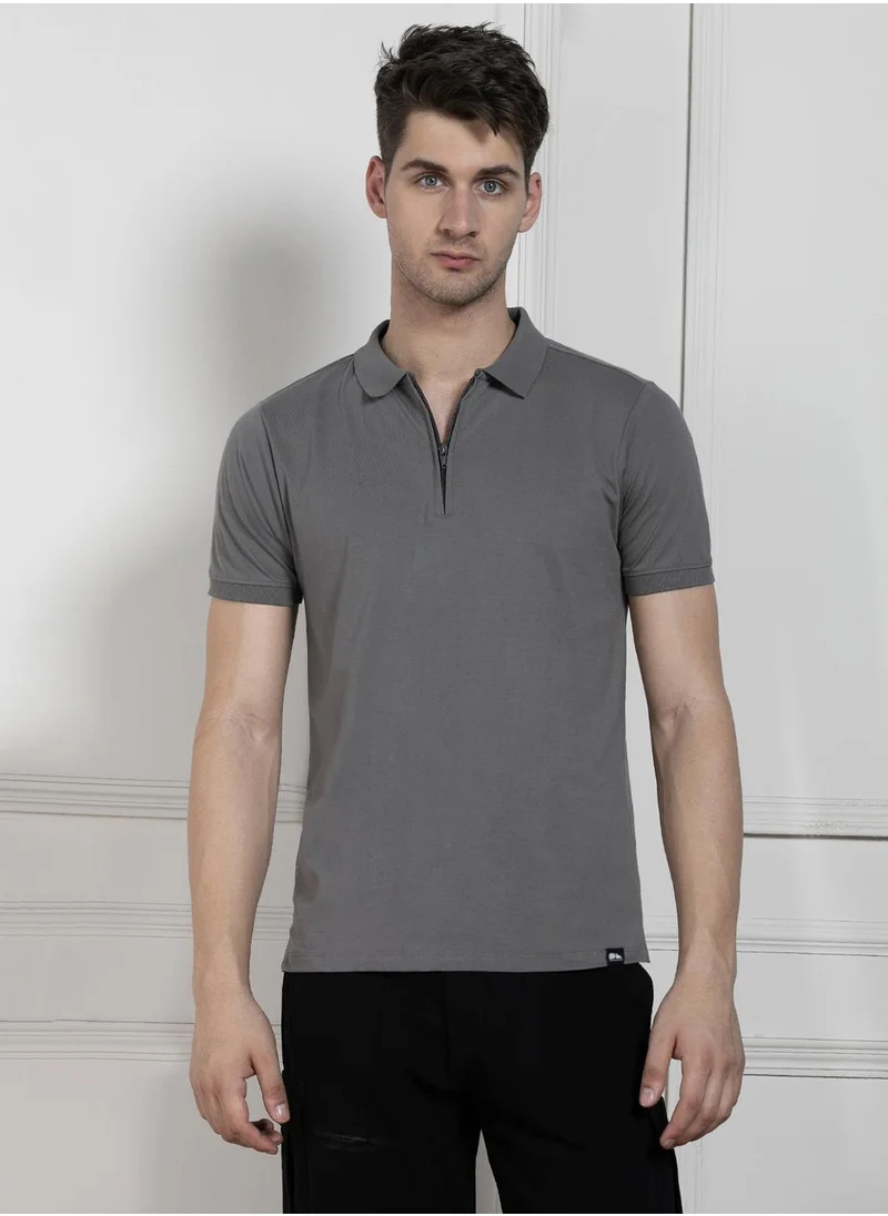 Dennis Lingo Men's Charcoal Cotton Blend Solid Regular Fit T-Shirt