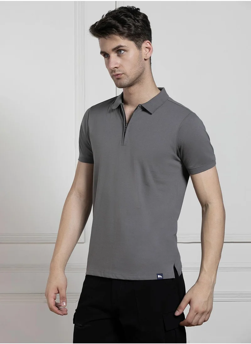 Dennis Lingo Men's Charcoal Cotton Blend Solid Regular Fit T-Shirt