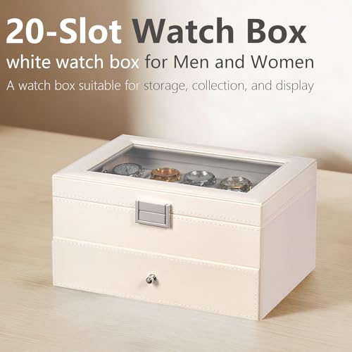 BEWISHOME Watch Case, 20-Slot Watch Box for Men, 2-Layer Watch Display Case with Large Glass Lid Watch Storage Organizer Watch Holder with Removable Watch Pillows, White SSH04W - Image 5