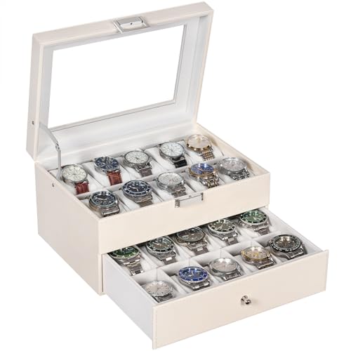 BEWISHOME Watch Case, 20-Slot Watch Box for Men, 2-Layer Watch Display Case with Large Glass Lid Watch Storage Organizer Watch Holder with Removable Watch Pillows, White SSH04W - Image 1