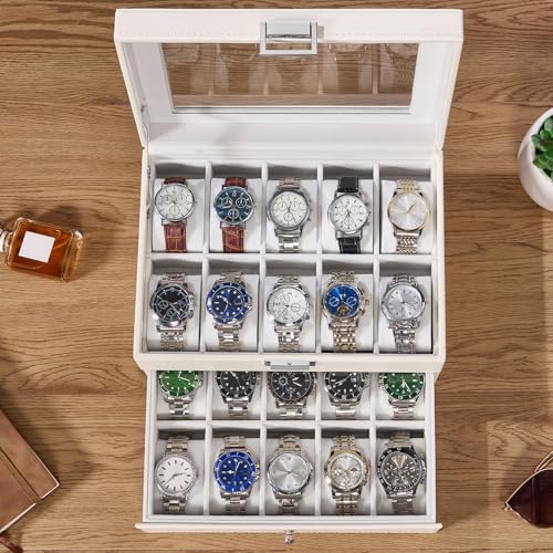 BEWISHOME Watch Case, 20-Slot Watch Box for Men, 2-Layer Watch Display Case with Large Glass Lid Watch Storage Organizer Watch Holder with Removable Watch Pillows, White SSH04W - Image 4