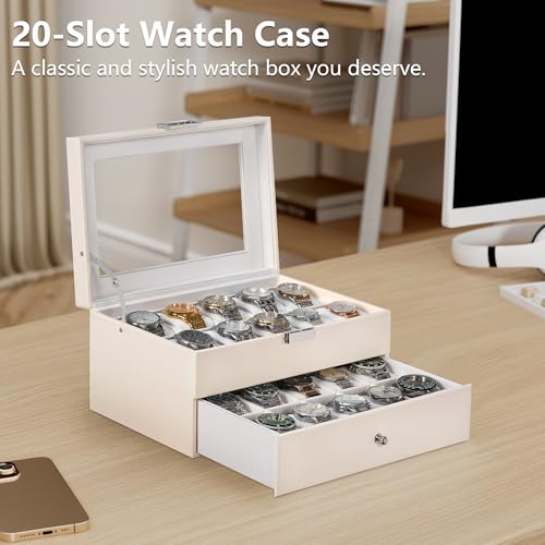 BEWISHOME Watch Case, 20-Slot Watch Box for Men, 2-Layer Watch Display Case with Large Glass Lid Watch Storage Organizer Watch Holder with Removable Watch Pillows, White SSH04W - Image 3