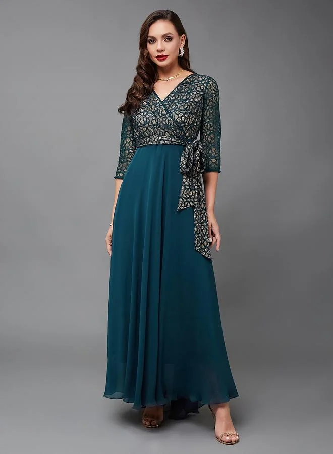 مس تشايس Miss Chase Green Lace Maxi Dress with 3/4 Sleeves