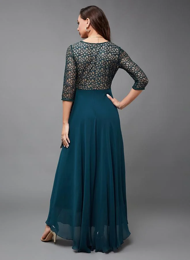 Miss Chase Miss Chase Green Lace Maxi Dress with 3/4 Sleeves
