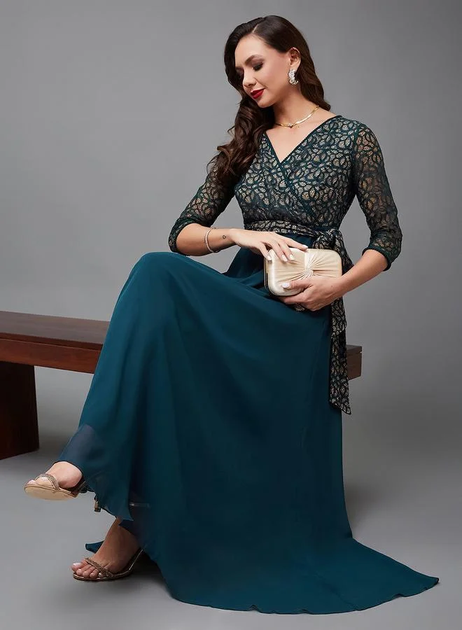 Miss Chase Miss Chase Green Lace Maxi Dress with 3/4 Sleeves
