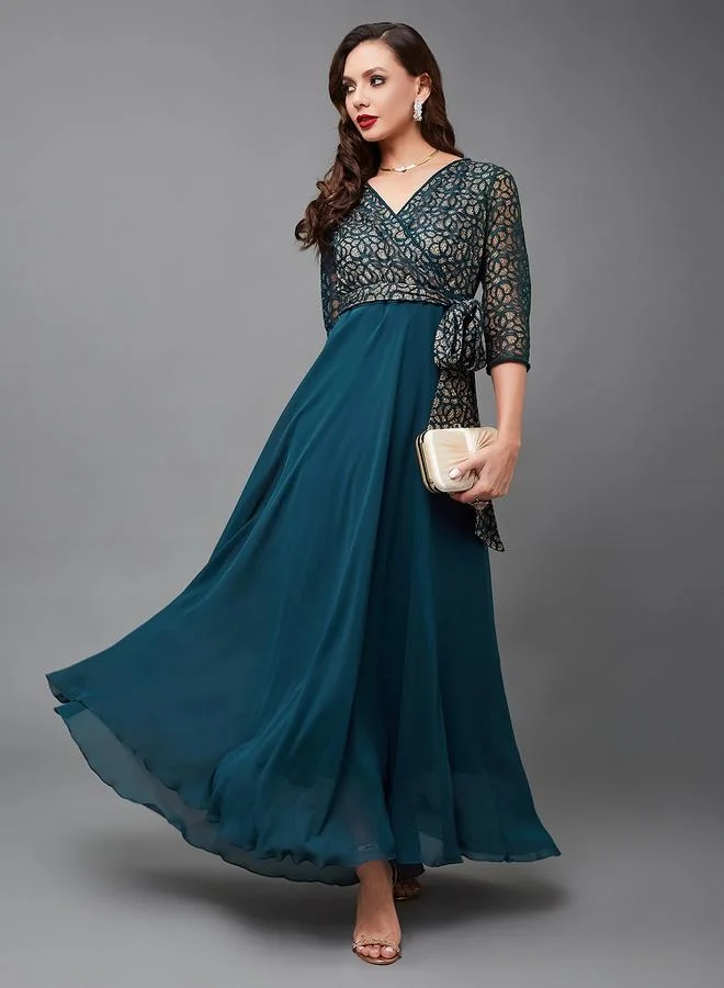 مس تشايس Miss Chase Green Lace Maxi Dress with 3/4 Sleeves