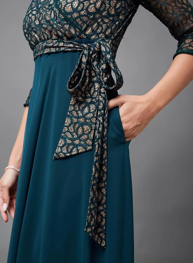 Miss Chase Miss Chase Green Lace Maxi Dress with 3/4 Sleeves