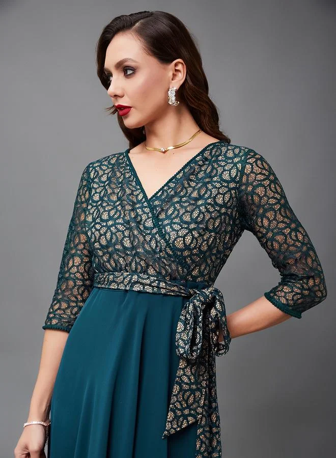 Miss Chase Miss Chase Green Lace Maxi Dress with 3/4 Sleeves