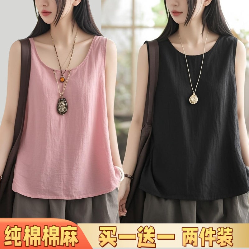 Summer Pure Cotton Retro Cotton And Linen Vest, Slim And Versatile, Commuting Sleeveless Sling, Large Size Casual Bottoming Outer Wear - Image 1