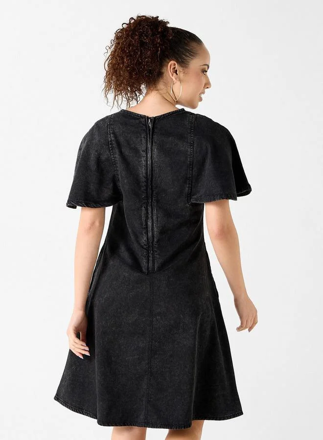 Lee Cooper Lee Cooper Denim A-line Cotton Dress with Round Neck and Pocket